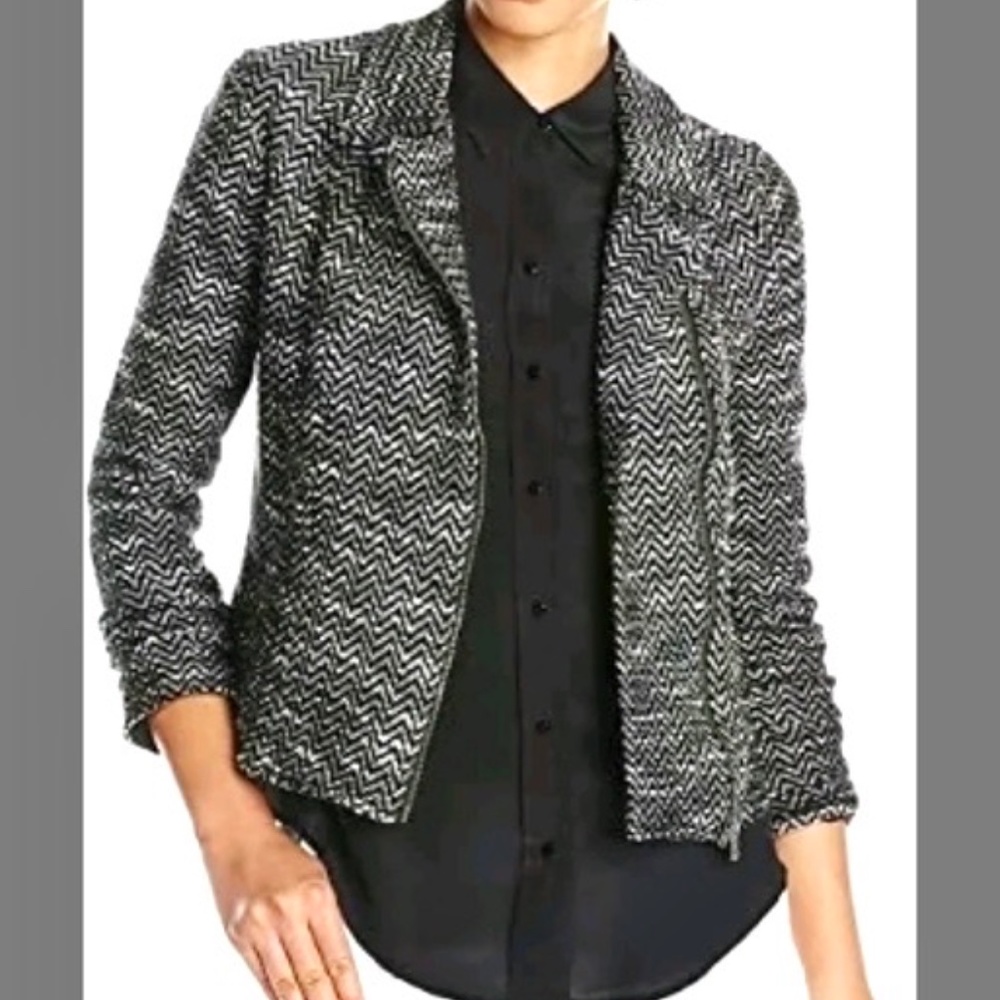 Lucky Brand Black Herringbone Tweed Moto Sweater Jacket - Picture 2 of 8